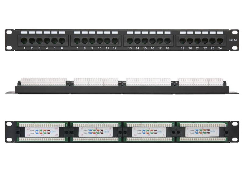 Патч-панель 19", 1U, 24 порта, Кат.5e, RJ45/8P8C, 110/KRONE, T568A/B, неэкранированная, ULAN