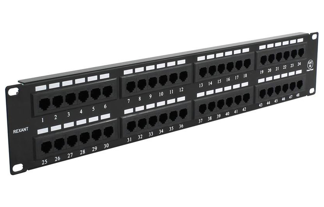 Патч-панель 19", 2U, 48 портов RJ-45, Rexant, категория 5e, UTP неэкранированная, черная